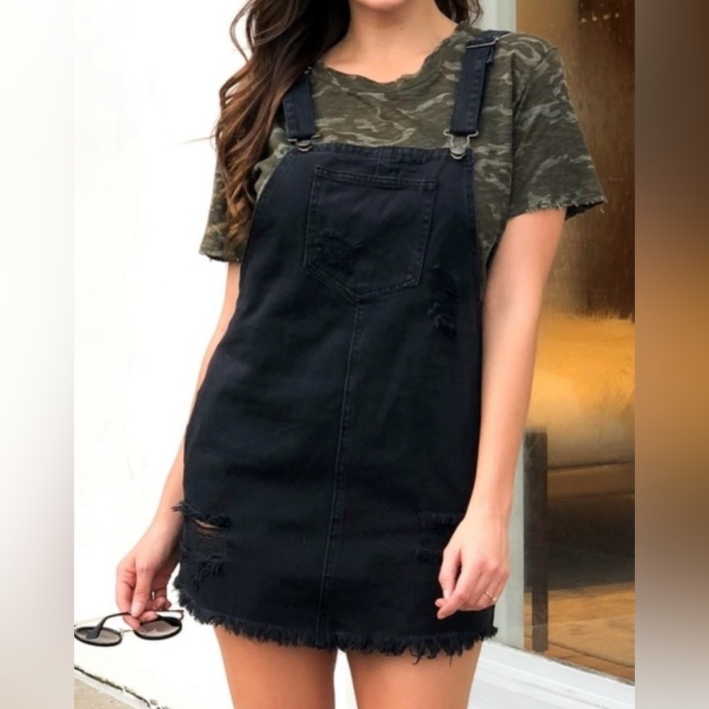 Cello Black Denim Overall Jumper Dress Distressed Edgy Grunge Reworked Size M